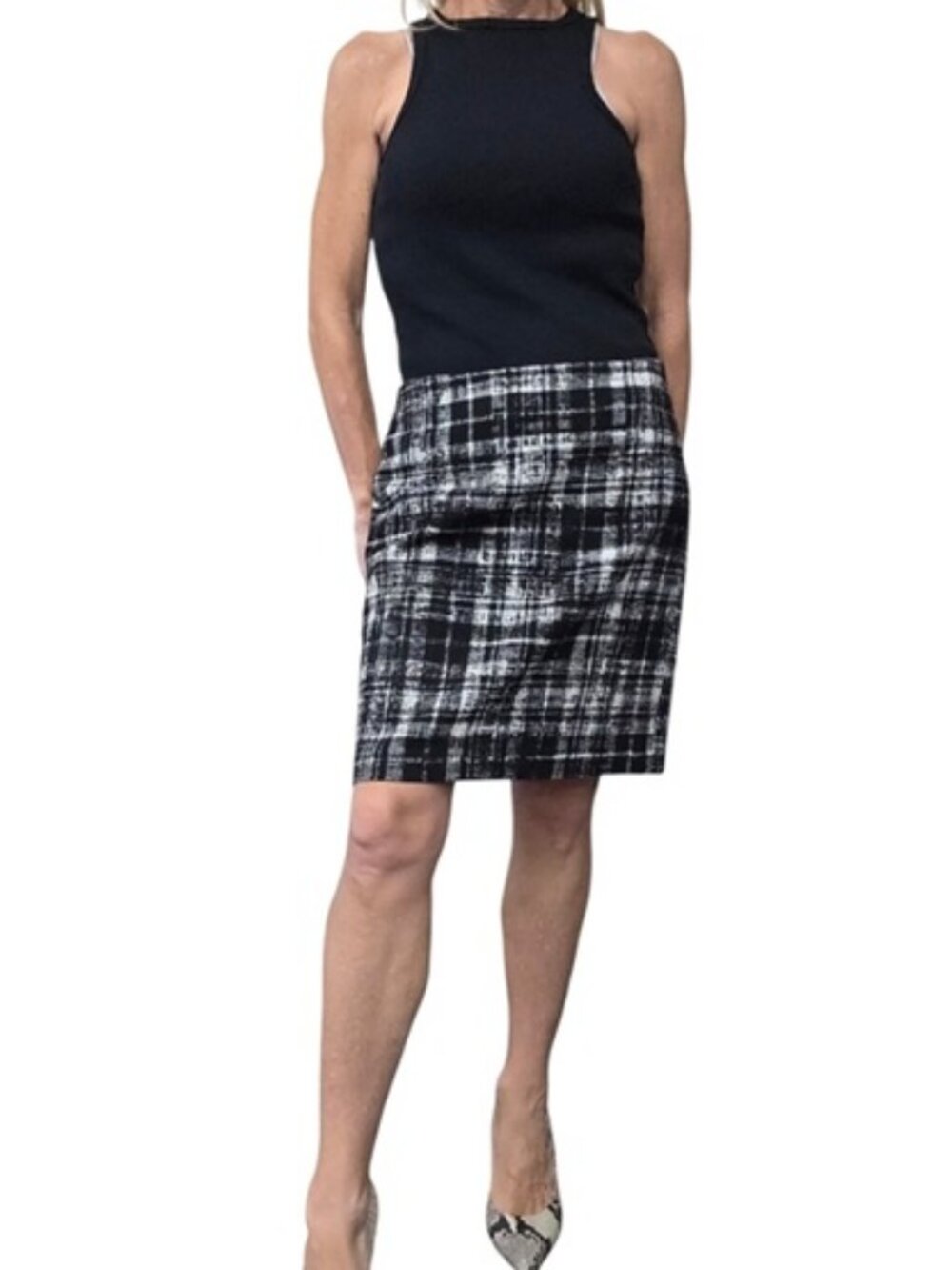 Ann Taylor Black White Plaid Wool Blend Mini Pencil Skirt 4